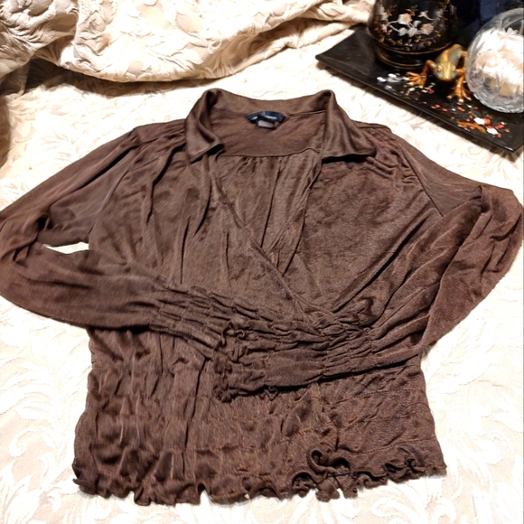 🤎 (Reduced) Vtg Moda Int'l Chocolate Brown Silky Surplice Wrap Top Blouse - M - Picture 6 of 10